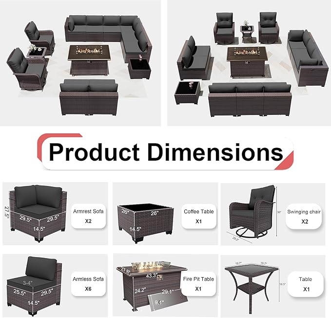 Kurapika 13 Pieces Patio Furniture Set, Rattan Wicker Outdoor Conversation Sets w/43in Propane Fire Pit Table, Swivel Rocking Chairs Patio Sectional Sofa w/4 Inch Cushion, Grey