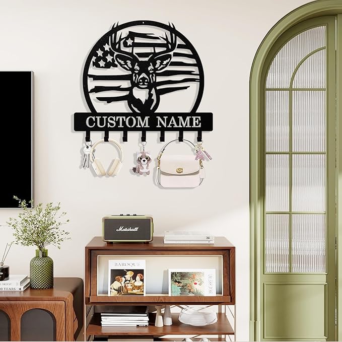 Personalized Deer Key Holder Wall Mount, Custom Metal Keys Hanger for Wall with Name, Custom Key Rack Holder with Hooks for Entryway, Front Door, Hallway, Living Room, Kitchen