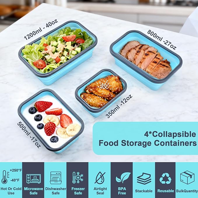 Collapsible Silicone Food Storage Containers with Lids, Collapsible Food Storage Containers, Camping Dishes,4 Pack Foldable Lunch Box for Leftovers, Meals, Snacks, Blue Gray Trim