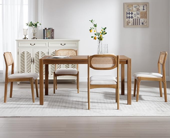 EALSON Farmhouse Rattan Dining Chairs Set of 6 Modern Mid Century Wood Dining Room Chairs with Cane Back Upholstered Linen Kitchen Side Chairs for Living Dining Room,Beige