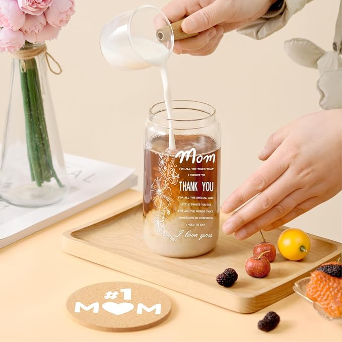 Gifts for Mom, Mothers Day Gifts from Daughter Son, 16oz Ice Coffee Glass Cup with Bamboo Lids, Straws, Birthday Present Ideas for Mom Wife Sister Friends - Including Straw Cap, Cozy Socks