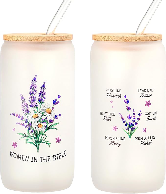 Christian Gifts for Women - Women of the Bible Glass Coffee Tumbler with Straw and Gift Box - 16oz Christian Mug for Mother's Day, Sister, or Bible Lovers (Frosted Glass cup)