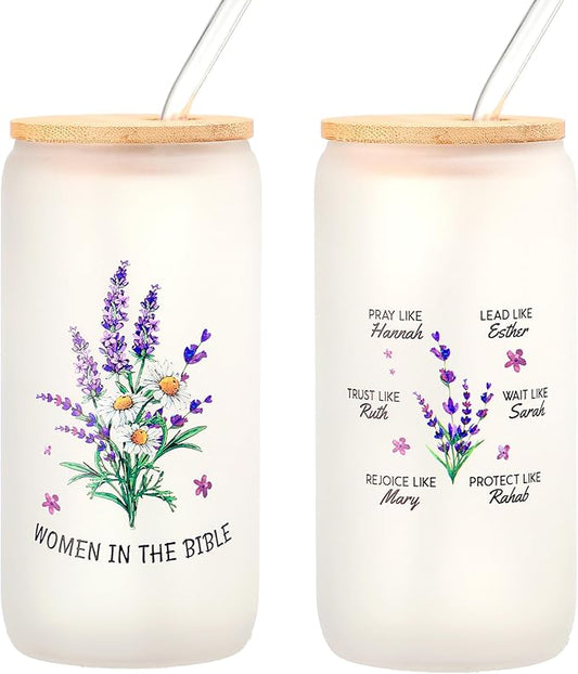 Christian Gifts for Women - Women of the Bible Glass Coffee Tumbler with Straw and Gift Box - 16oz Christian Mug for Mother's Day, Sister, or Bible Lovers (Frosted Glass cup)
