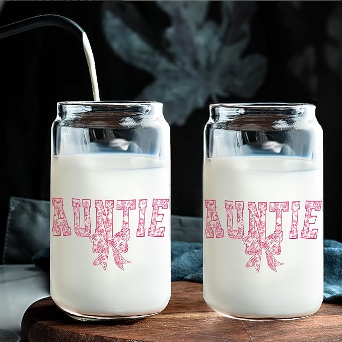 Pink Bow Auntie Glass Cup with Lids and Straws 14oz, Auntie Mother's Day Birthday Gifts from Niece Nephew Glass Iced Coffee Tumbler Drinking Jars with Cleaning Brush