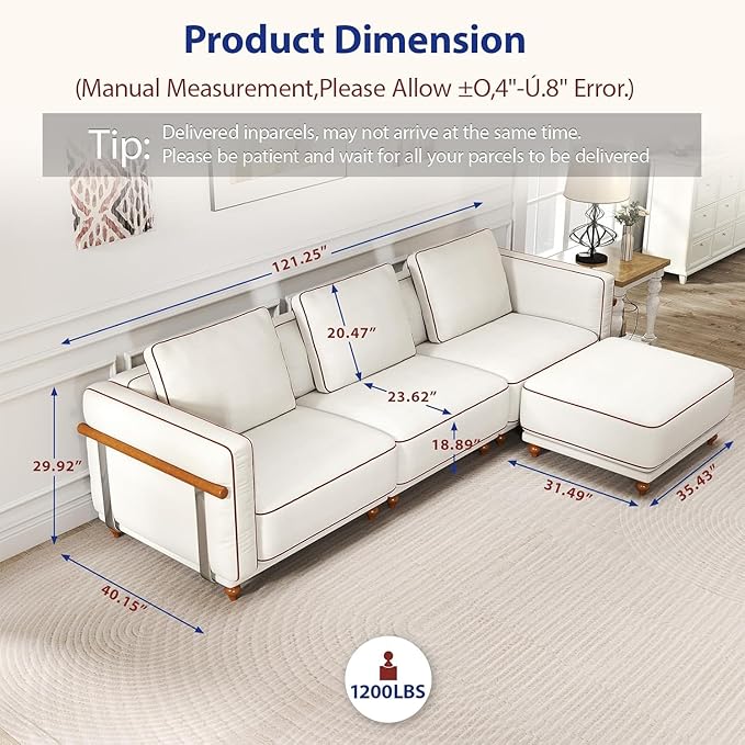 121.25" Modular Luxury Cloud Sectional Sofa with Ottoman, 70% Down-Filled Cushions, Removable Washable Ultra-Soft Linen Cover, Extra-Deep Seating, Solid Wood Armrests for Living Room