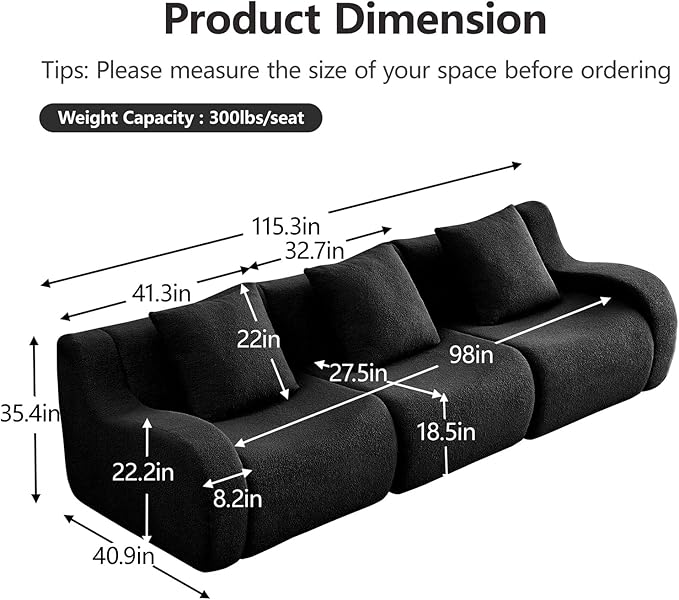 Black 3-Seater Cloud Couch, Modern Teddy Fabric Boneless Sectional Sofa in a Box for Living Room, Modular Floor Couch, Deep Seat, No Assembly Required, Sofas para Sala