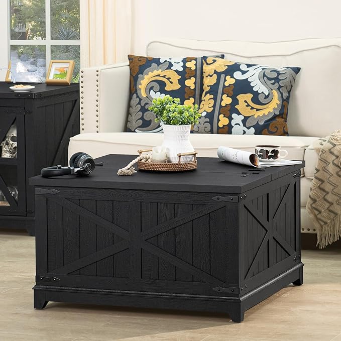 Farmhouse Coffee Table Sets 3 Pieces, Narrow Night Stand with Glass Barn Door Storage, Large Coffee Tables with Hidden Storage Organizer, Wood Furniture Sets for Living Room, Office, Black