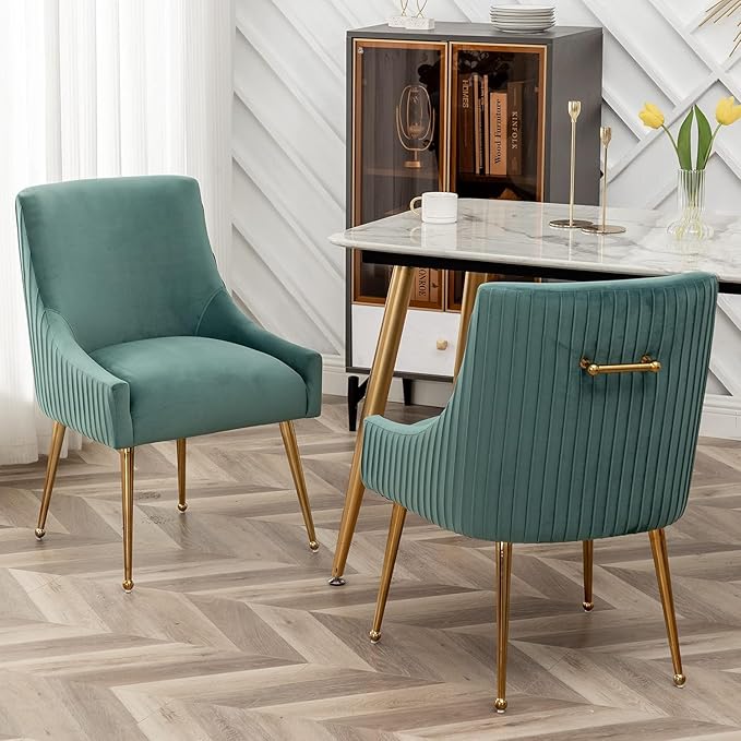 Dining Chairs, Accent Chairs Set of 8, Modern Upholstered Kitchen Dining Room Chairs with Gold Legs, Fabric Tufted Velvet Living Room Chairs for Reception Room Bedroom Guest Room (Green)