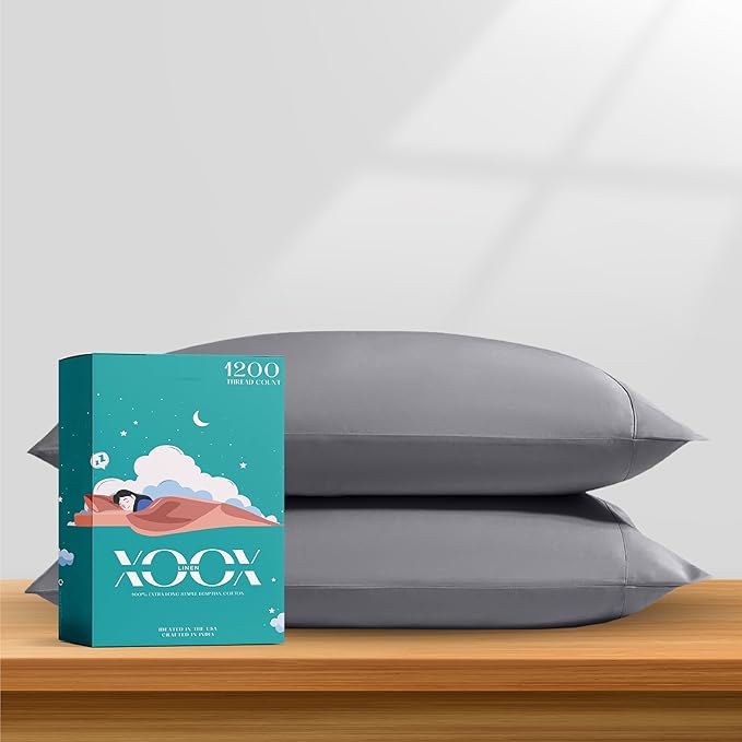 XOOX Linen 100% Egyptian Cotton Pillow Cases King Size Set of 2 - Luxury 1200 Thread Count Sateen Dark Grey Pillow Covers, Soft & Breathable 5 Star Hotel-Quality Pillowcases, Fits King Size Pillows
