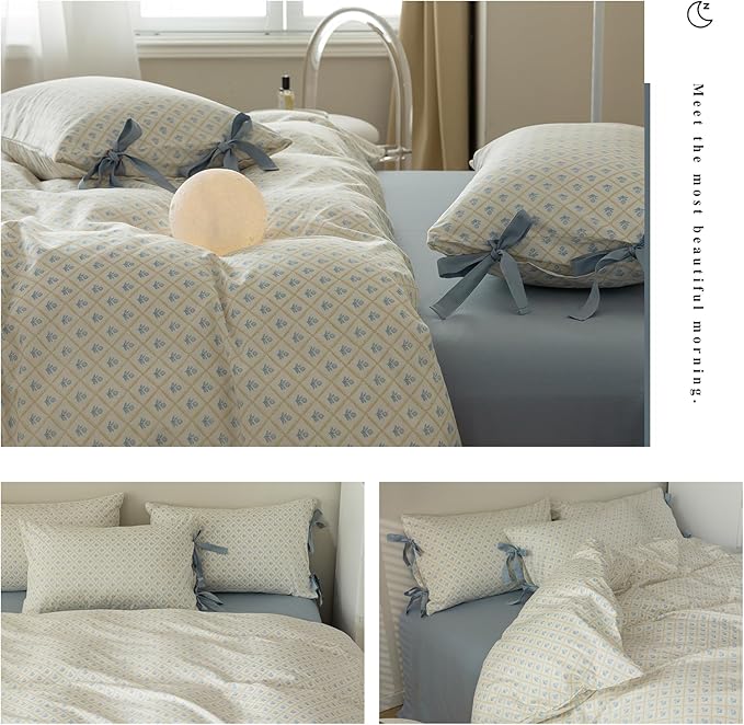 Blue Floral Duvet Cover Twin Soft Cotton Garden Style Floral Bedding Comforter Cover Plaid Grid Design Vintage Blue Flower Duvet Cover with 2 Bowknot Pillowcases Botanical Cottagecore Bedding Set