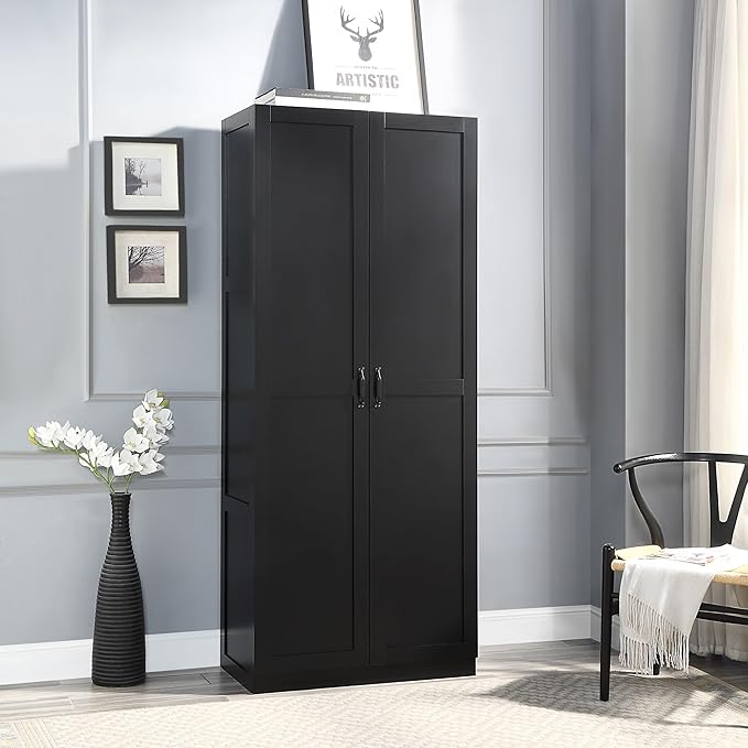 Manhattan Comfort Hopkins Modern Freestanding Storage Cabinet with 4 Adjustable Shelves & Soft Close Doors, Tall Multipurpose Organizer for Kitchen, Pantry, Garage, Mudroom, Set of 1, Black