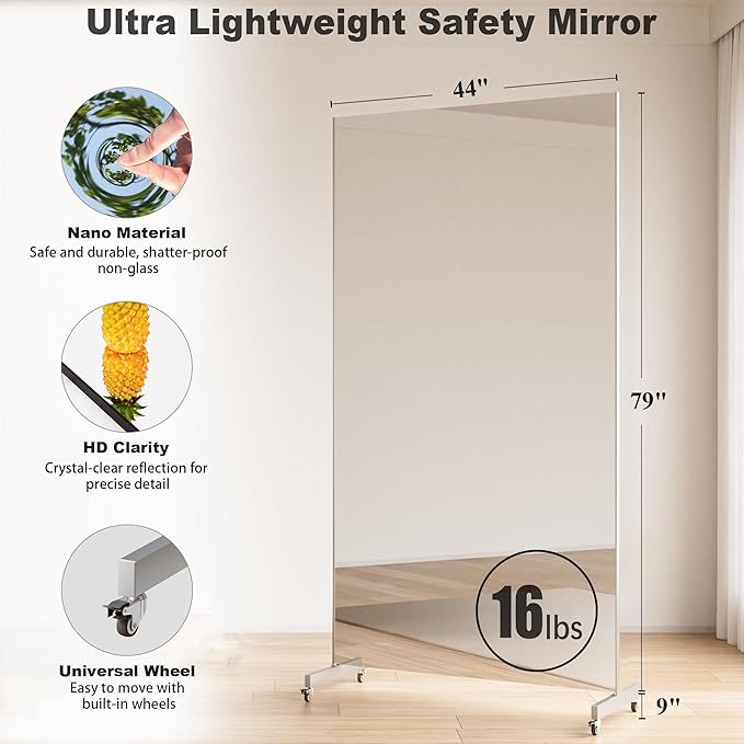 Full Length Mirror with Wheels, 79" x 44", White, Nano Film Material Without Glass, shatterproof, Safe, Lightweight, only 16lbs Easy to Move and Install, for Home Gym, Dance & Yoga Studios.