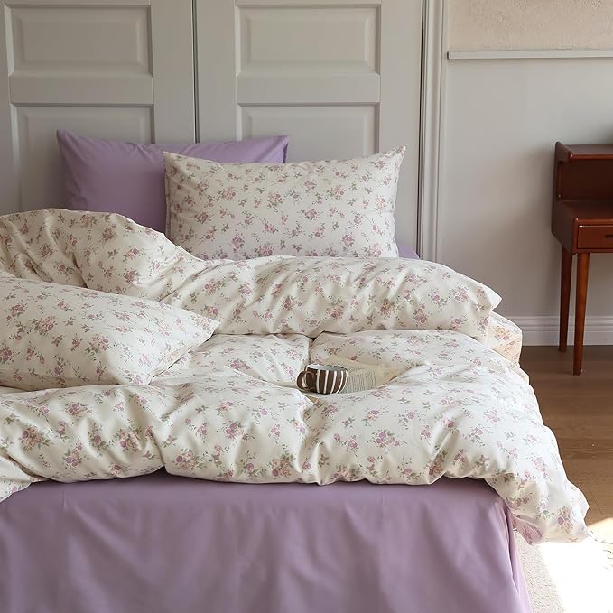 EAVD Girls Pink Purple Floral Comforter Set Twin XL Soft Microfiber Chic Shabby Garden Floral Bedding Set with 2 Pillowcases Fresh Cute Botanical Comforter Set for All-Season