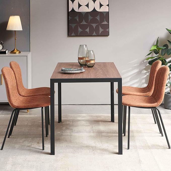 Vintage Dining Table Set for 4, 47" Solid MDF Table Faux Wood Industrial Style Kitchen Table Set with 4 Brown Leather Dining Chairs for Breakfast Nook, Dinette