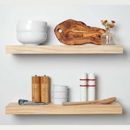 Homeforia 24 inch Natural Floating Shelf, High End Solid Real Wood 24inch Small Floating Shelves for Wall Mounted, Natural Wooden Floating Shelves, Heavy Duty Bracket, 24 X 6.5 X 1.75 in, Set of 2