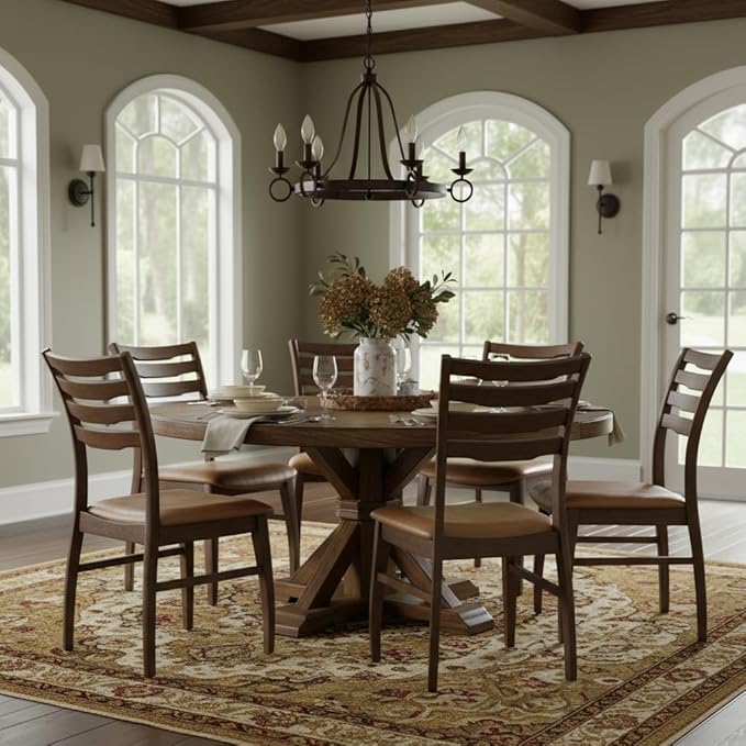 DUOMAY Farmhouse Dining Chairs Set of 6, PU Brown Upholstered Side Chairs Solid Wood Ladder Back Kitchen Chairs for Home Dining Room, Walnut Frame