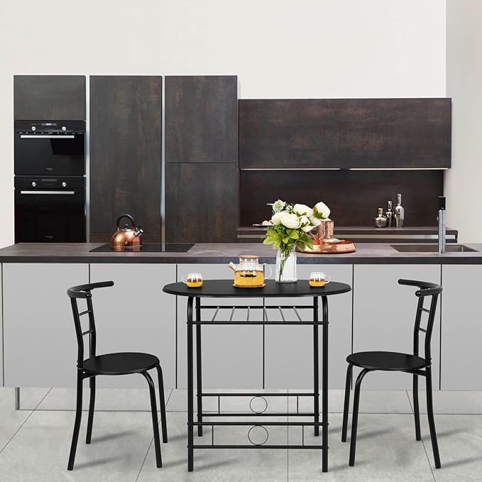VINGLI 3 Piece Dining Set,Small Kitchen Table Set for 2,Breakfast Table Set,Kitchen Wooden Table and 2 Chairs for Small Space/Dining Room/Apartment,Metal Frame,Wine Rack,Black