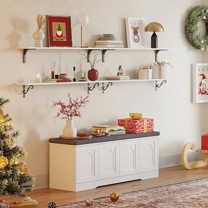 DINZI LVJ Long Wall Shelves, 47.3" Large Floating Shelves Set of 2, Farmhouse Display Shelf Wall Mounted with Heavy Duty Brackets, Easy Assembly for Kitchen, Bathroom, Bedroom, Balcony, White