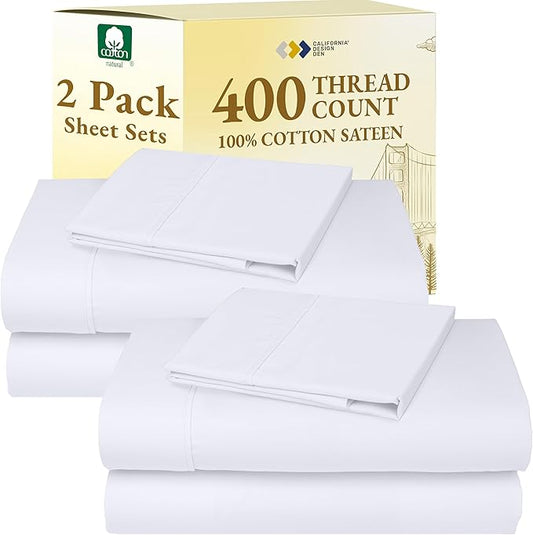 California Design Den 2-Pack Twin XL Sheet Sets Cotton - 400 Thread Count 100% Cotton Sateen - Soft, Breathable & Cooling Sheets, Wrinkle Resistant, 2 Sets of Deep Pocket Bed Sheets - Bright White