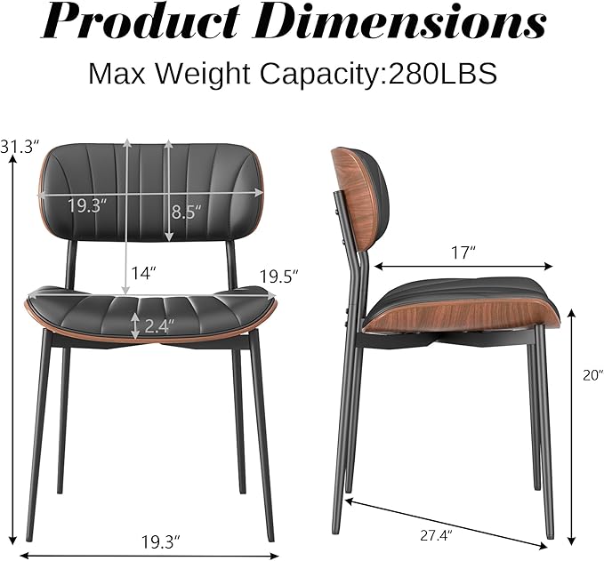 Modern PU Leather Dining Room Chairs Set of 6, Upholstered Kitchen Chairs with Walnut Bentwood Back and Metal Legs Adjustable Feet for Kitchen Dining Room(Balck)