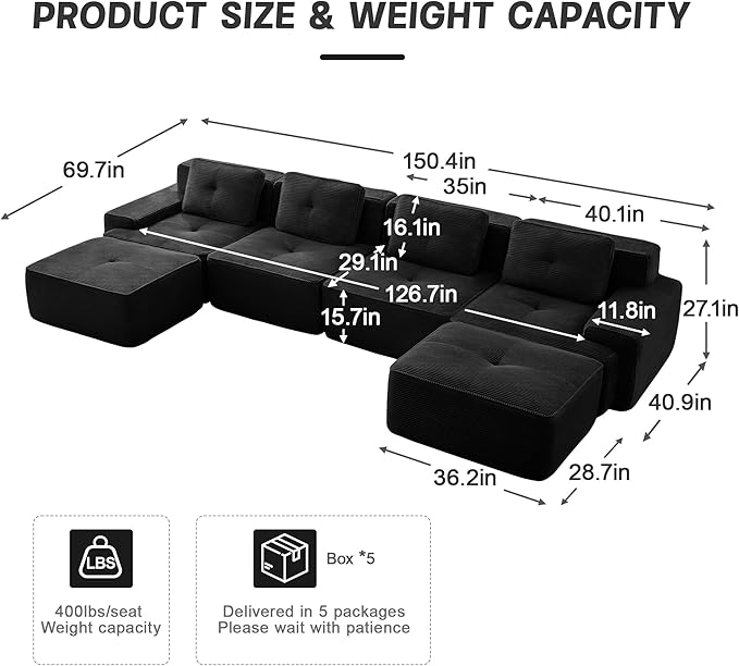 150.4'' Sectional Sofa, 32D Foam Corduroy Boneless Couch with Pillow, Deep Seat Wide Arm Sectional U Shaped Couch for Living Room, Apartment, Bedroom