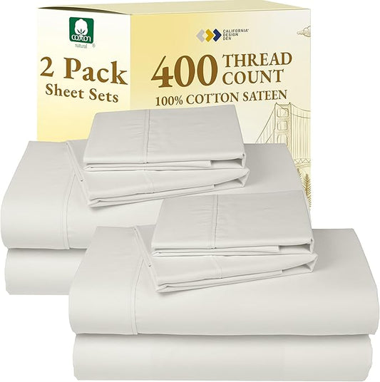 2-Pack 100% Cotton Sheet Sets King Size 400 Thread Count Sateen - Extra Soft, Breathable & Cooling Sheets, Wrinkle Resistant, 2 Sets of Deep Pocket Bed Sheets - Ivory (Pale Tone)