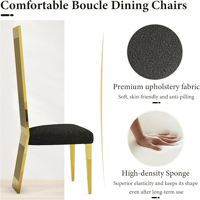 Upholstered Dining Chairs, Black and Gold Dining Room Chairs, Luxury Dining Chairs with Mirrored Metal Legs and Backrest, Set of 10