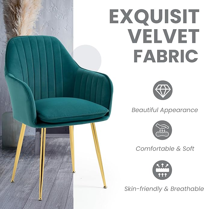 ECOTOUGE Modern Dining Chairs Set of 4, Upholstered Dining Room Chairs with Golden Metal Legs, Matte Velvet Kitchen Chairs for Dining Table, Accent Chairs for Living Room, Emerald Green