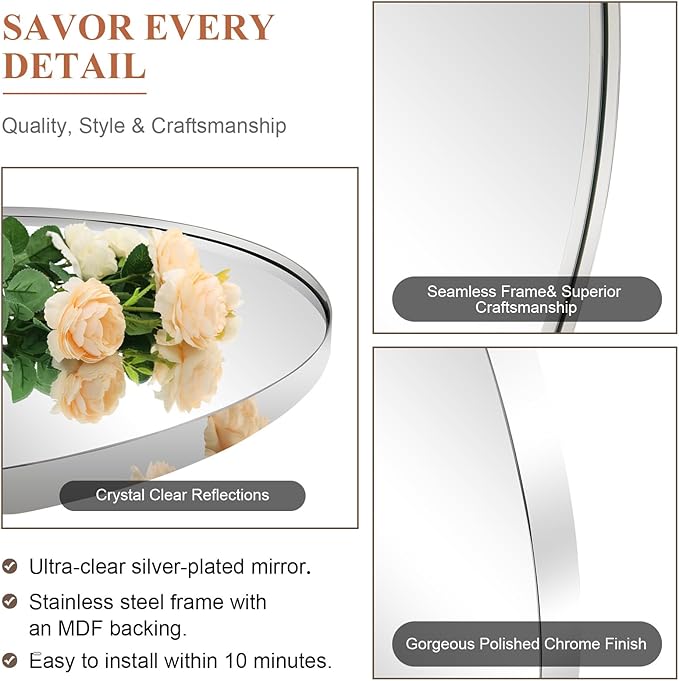 ANDY STAR Arch Mirror, 24" x 38" Arched Chrome Mirror in Stainless Steel Metal Frame, Chrome Bathroom Mirror for Wall, Arch Top Rounded Corner 1" Deep Set Design Wall Mount Hangs Vertical
