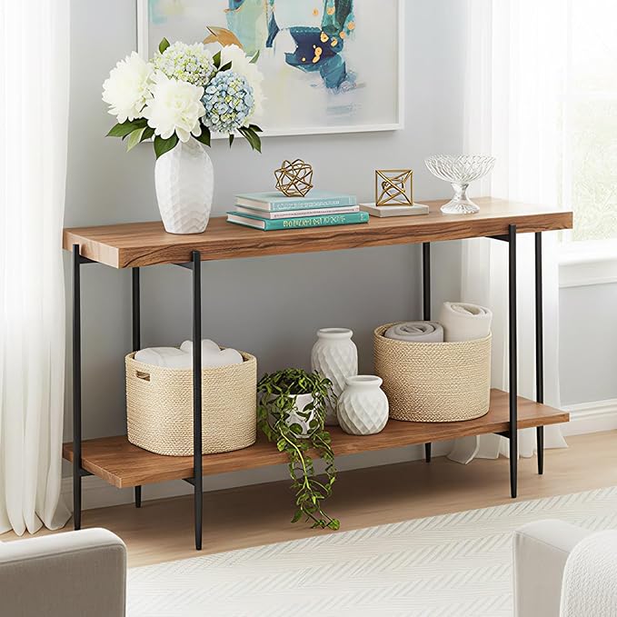 31.5” Console Table Narrow for Entryway with 2 Tier Storage Shelves, Solid Wood Industrial Entrance Sofa Table Behind Couch for Hallway, Foyer, Living Room(47.2"x11.8"x31.5")