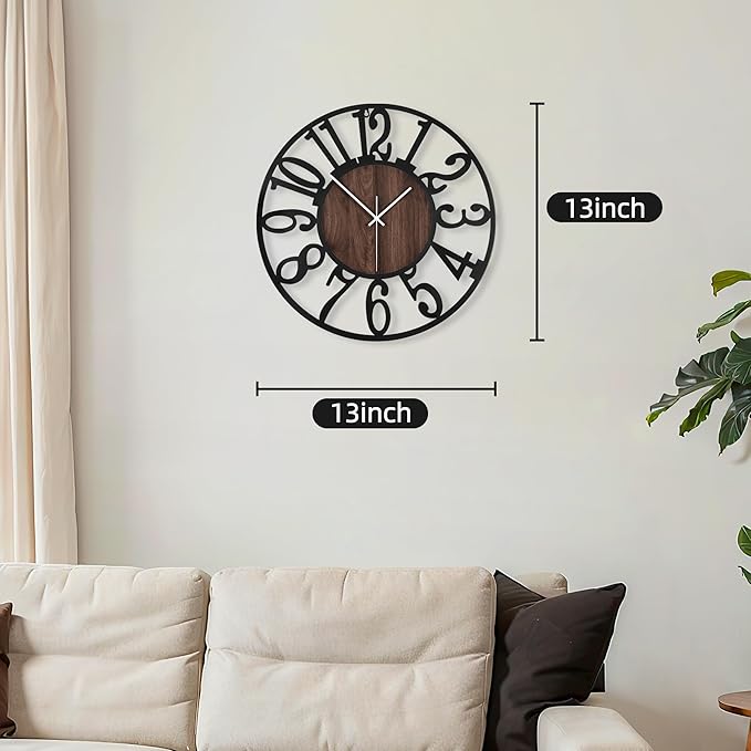 Maxstar Round Wall Clock for Living Room Decor Battery Operated Non Ticking Silent Vintage Black Metal Wood Clocks for Home Living Room Garden Farmhouse Office Kitchen Decoration -13 inch