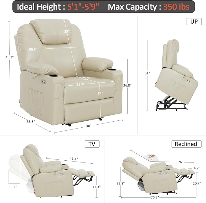 MCombo Extra Wide Power Lift Recliner Chair for Elderly, Lift Chair with Heat and Massage for Big People, USB&Type C Ports, Cup Holders, Faux Leather R7045 (Cream White, Medium-Wide)