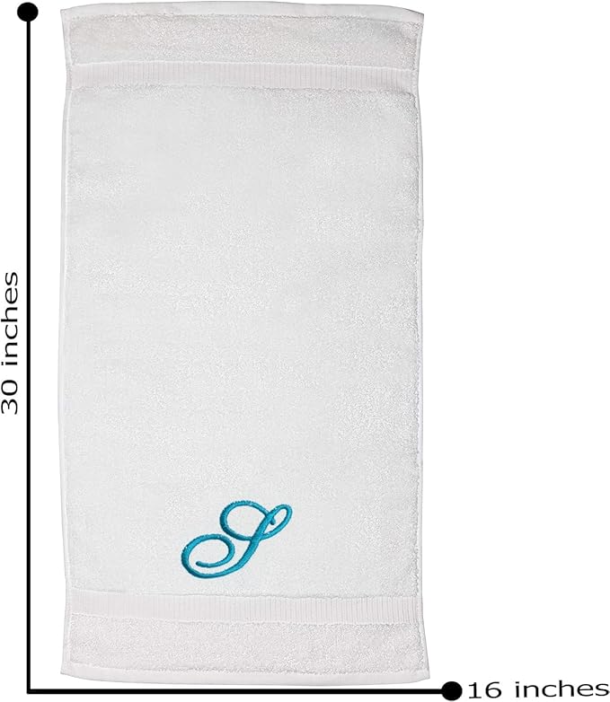White Monogrammed Hand Towels for Bathroom - Luxury Hotel Quality Personalized Initial Embroidered Towel for Powder Room, Spa - GOTS Organic Certified - Pack of 2 Teal, Letter S