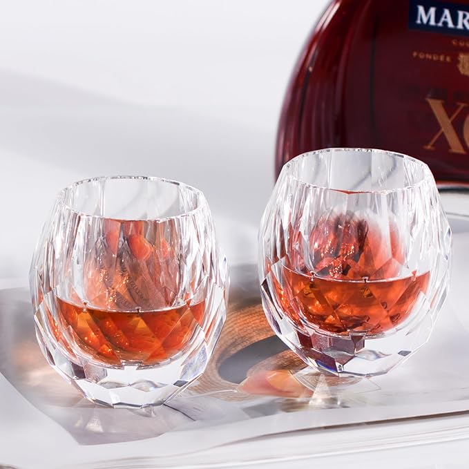 KAMMAK Crystal Whiskey Glasses Set of 2, Handcrafted Old Fashioned Glasses Stemless, 3.71oz Hand Blown White Cocktail Glasses, Engagement Gifts for Couples, Women, Men
