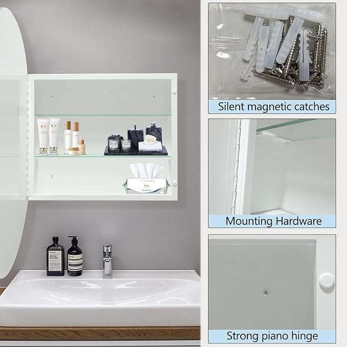 Round Bathroom Medicine Cabinet, 28 Inches Frameless Circle Mirrored Cabinet Wall Mounted Cabinet with Surface Mount Installation