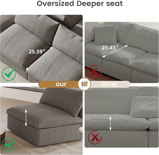 Cloud Modular Sectional Sofa Couch,Oversized Couch 6 Seater for Living Room,160.6" V Shaped Convertible Couches with Storage Ottoman, Covers Washable&Replaceable,Gray