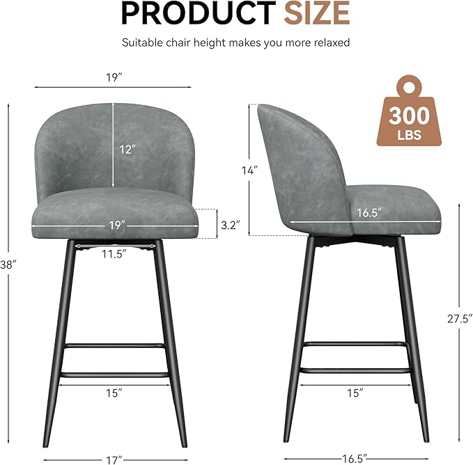 Counter Height Bar Stools Set of 4,360° Swivel Barstools with High Back and Metal Legs,26" Seat Height, Upholstered PU Leather Bar Chairs for Kitchen Island, Dining Room,Cafes,Grey