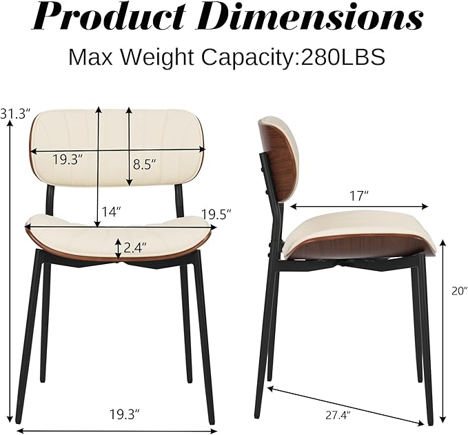 Modern PU Leather Dining Room Chairs Set of 2, Upholstered Kitchen Chairs with Curved Wood Backrest and Metal Legs Adjustable Feet for Kitchen Dining Room(Beige)