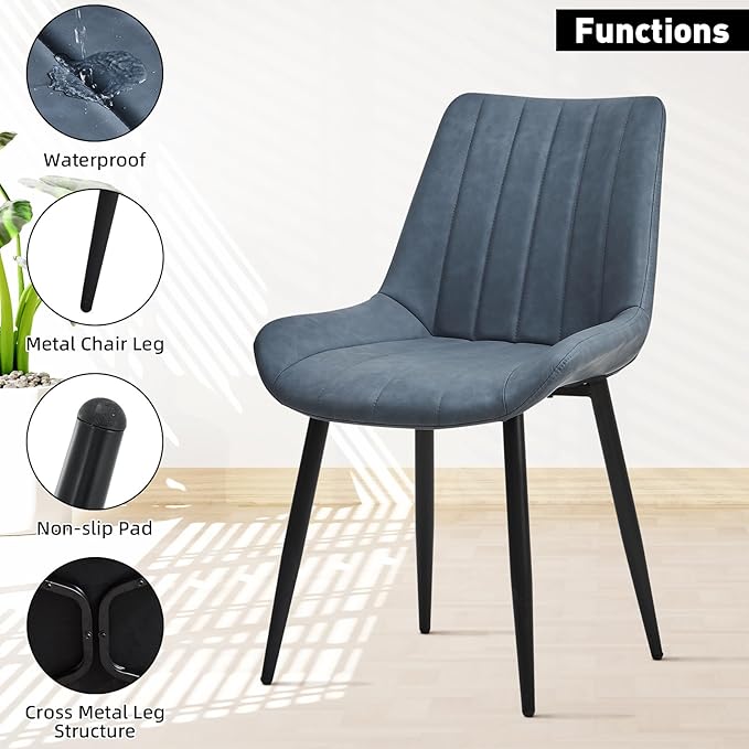 Dining Chairs Set of 6, Faux Leather Modern Linear Design Dining Chair with Metal Legs, 16.9" Seat Width Chair for Kitchen, Lounge, Reception Room, Restaurant, Commercial (Haze Blue)