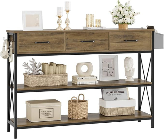 HITHOS 47.2" Console Table with 3 Drawers, Industrial Long Entryway Foyer Table with 3-Tier Storage Shelves, Narrow Sofa Hallway Table for Living Room, Entry Way, Kitchen, Rustic Brown