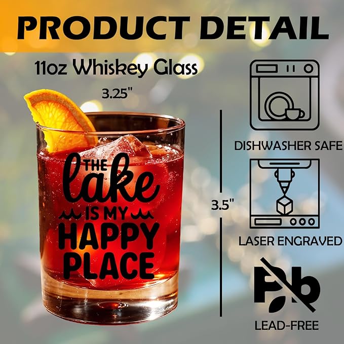 Lake Lovers Gifts Old Fashioned Whiskey Glasses, Like Life Gifts, The Lakes is My Happy Place 10 oz Rocks Barware Cup for Cocktail Drinks Scotch Bourbon Liquor