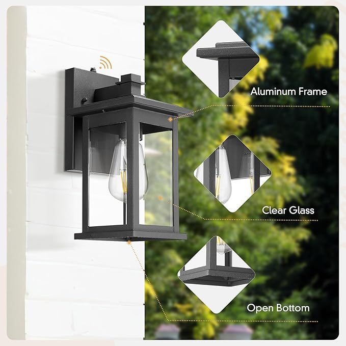 Emliviar 2 Pack Dusk to Dawn Outside Wall Mount Lighting, 11.8 inch Exterior Light Fixture with Clear Glass, Black Finish, 1803EW1-PC-2PK BK