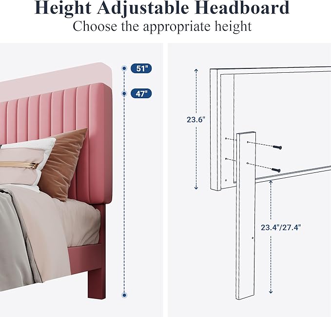 Allewie Full Bed Frame, Velvet Upholstered Platform Bed with Adjustable Vertical Channel Tufted Headboard, Mattress Foundation with Strong Wooden Slats, Box Spring Optional, Easy Assembly, Pink