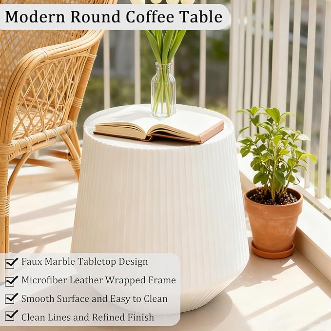 White Round Coffee Table with Sintered Stone Tabletop, 17.71" Drum Coffee Table with Fluted PU Leather Covered and Stable Base, Circle Cocktail Tea Table for Living Room