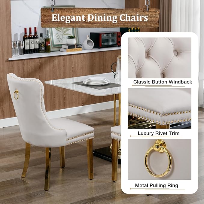 Goujxcy Glass Dining Table Set for 4, Modern Kitchen Table and Chairs Set of 4, 5-Piece Kitchen Dining Room Table Set w/36 Square Gold Glass Dining Table and 4 Beige Velvet Upholstered Chairs