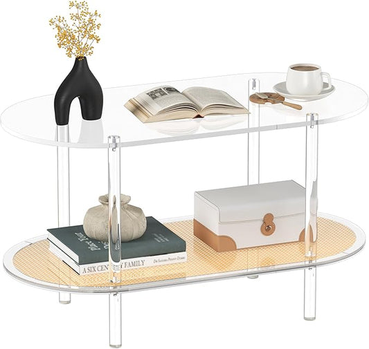 HMYHUM Acrylic Coffee Table for Living Room, 2-Tier Clear Rattan Center Table, Oval, Modern Low Tea Table for Bedroom Office Reception Room, 31.5" L × 15.75" W × 17.76" H, Easy Assembly
