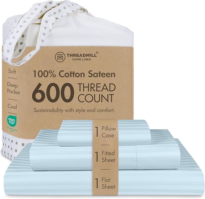Threadmill 100% Cotton Sheets for Twin XL Size Bed - 600 Thread Count Twin XL Bed Sheets Set with 15” Deep Pocket - Damask Stripe Sateen Weave 3-Piece Bedding Set with Cooling Effect, Blue