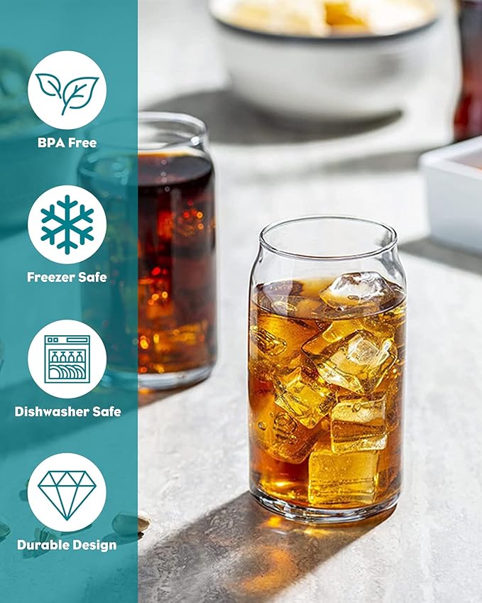 Drinking Glasses with Bamboo Lids and Glass Straw 8PCS Set, 16oz Glass Cups with Lids and Straws, Beer, Iced Coffee Glasses, Soda, Gift 2 Cleaning Brushes