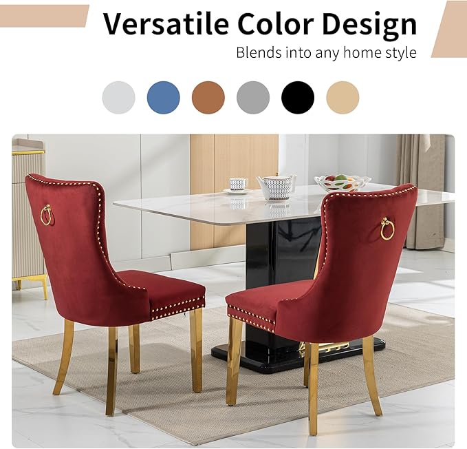 Luxury Upholstered Dining Chairs Set of 8, Red Kitchen Chair with Golden Metal Legs, Velvet Tufted Back Dining Chair, Sillas de Comedor, Modern Kitchen & Dining Room Chairs (Burgundy, 8 Pcs)
