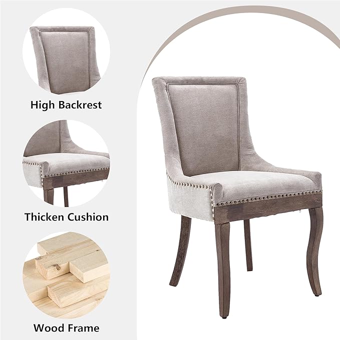 Farmhouse Dining Chairs Set of 4, Upholstered Fabric Dining Room Accent Chairs with Wood Legs & Bronze Nailhead, High Wingback Kitchen Chairs for Living Room Hotel Apartment, Beige